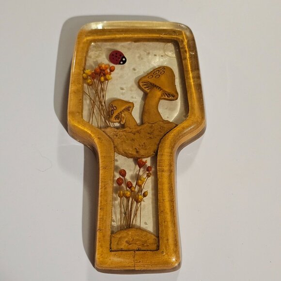 Vtg 1970s Lucite Acrylic Spoon Rest Mushroom & Ladybug With Dried Flowers FLAW - Picture 6 of 11